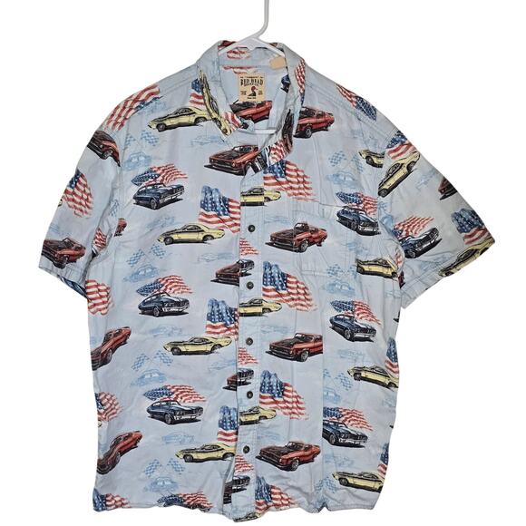 Red head Other - Classic Vintage Muscle Cars Shirt USA Flags Racing Mens XL 4th of July Casual